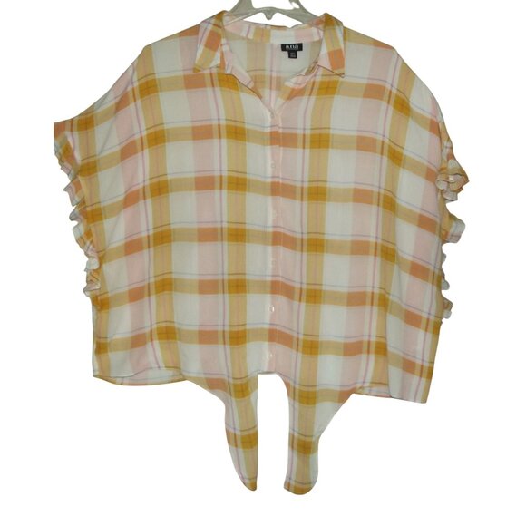 ana XLT Blouse Yellow Gold Pink White Plaid (XL tall) top shirt Tie Front Ruffle - Picture 3 of 10